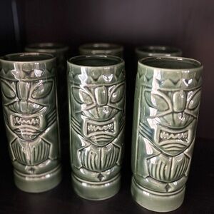 Set of Green 6 Tiki Mugs